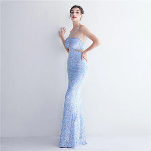 Blue Sequin Backless Sexy Bar Long Party Evening Dresses Luxury Velvet Stretch Off Shoulder Cocktail Prom Dress