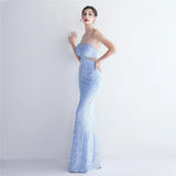 Blue Sequin Backless Sexy Bar Long Party Evening Dresses Luxury Velvet Stretch Off Shoulder Cocktail Prom Dress