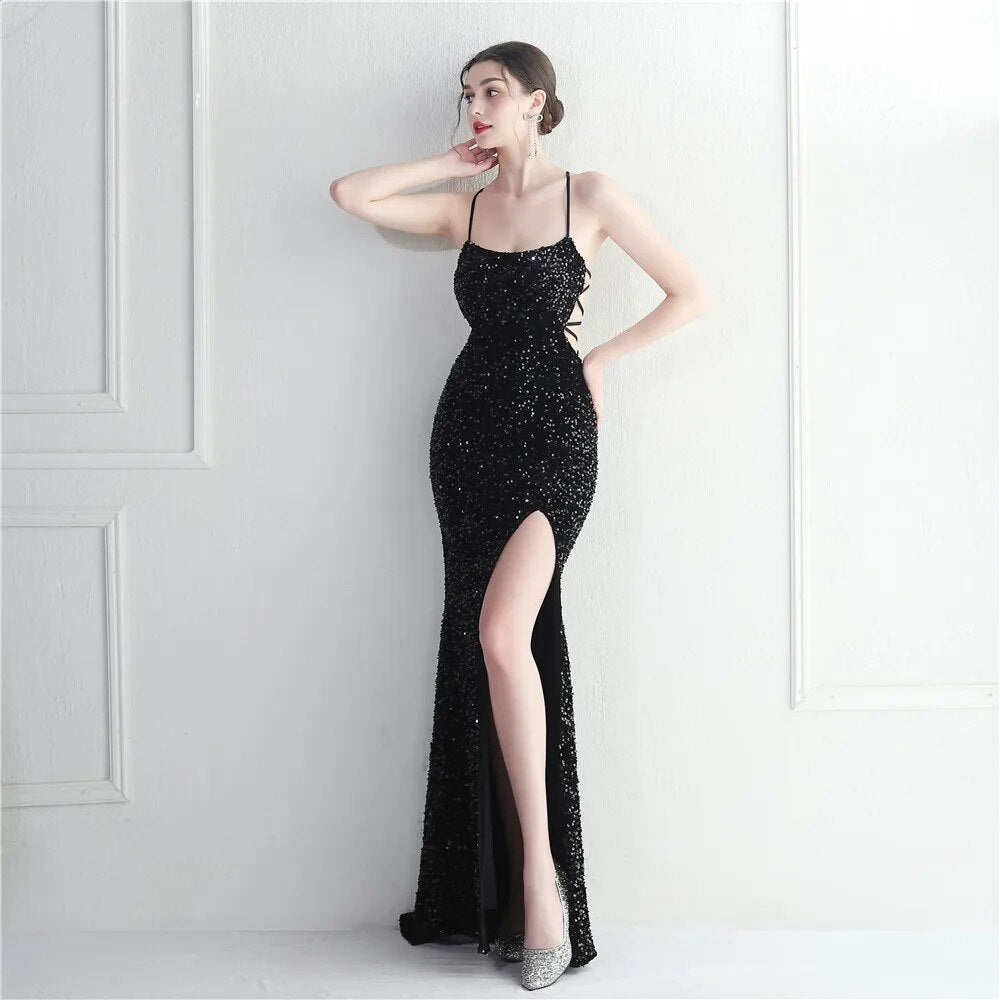 Backless Sexy Slit Long Sequin Party Evening Dresses Luxury V Neck Velvet Stretch Sleeveless Cocktail Prom Dress