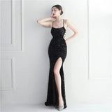 Backless Sexy Slit Long Sequin Party Evening Dresses Luxury V Neck Velvet Stretch Sleeveless Cocktail Prom Dress