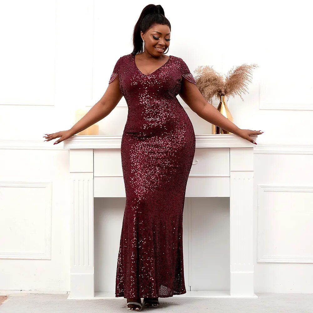 Plus Size V Neck Burgundy Sequin Evening Dress Sexy Party Maxi Dress Women Beading Long Prom Dress