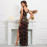 Black Gold V Neck Sequin Evening Dress Sexy Slit Party Maxi Dress Women Long Prom Dress