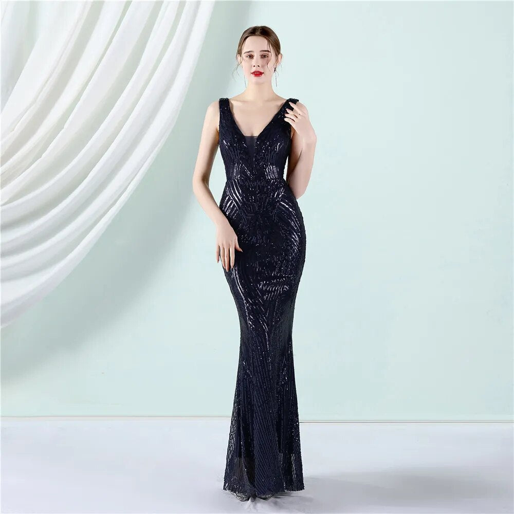 Women Deep V Neck White Sequin Dress Long Prom Evening Dress Sexy Party Maxi Dress