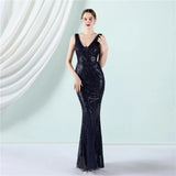Women Deep V Neck White Sequin Dress Long Prom Evening Dress Sexy Party Maxi Dress