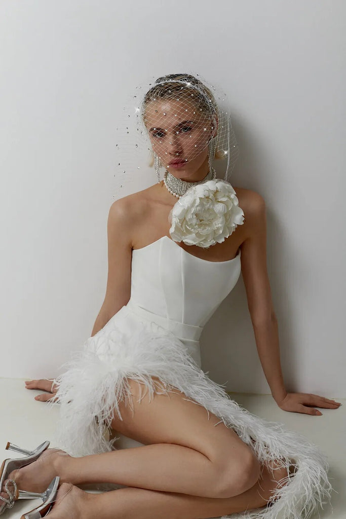 Off Shoulder Feather Long Sexy Slit Party Evening Dress White Color Celebrity Dress