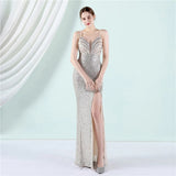 Strap V Neck Gold Sequin Sexy Slit Evening Dress Women's Party Maxi Long Prom Dress