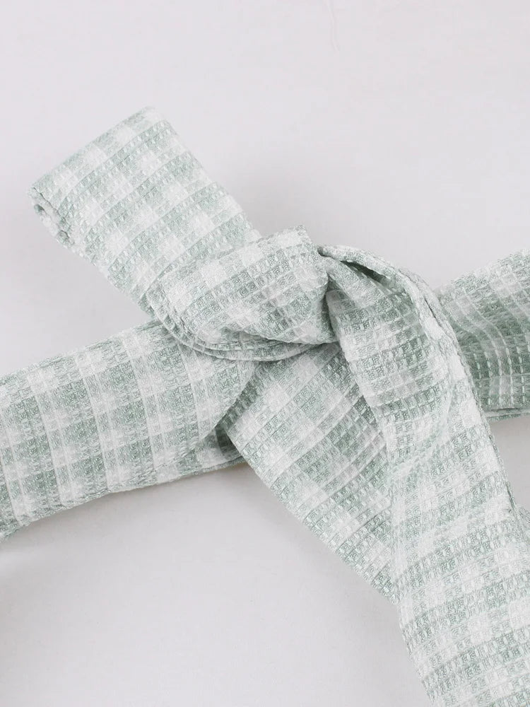 Halter V-Neck Green and White Plaid Textured Dresses Prom Women Cocktail Night Party Vintage Retro Backless Sexy Dress