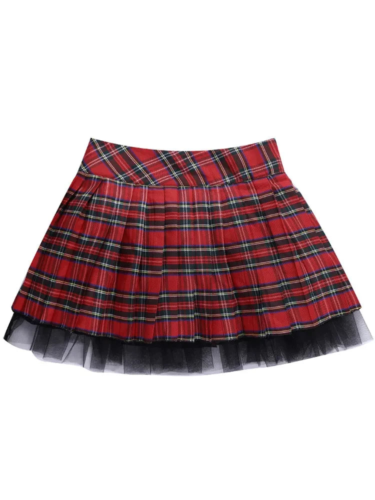 Sexy Plaid Print Pleated Mini Micro Preppy Style Y2K Harajuku Grunge Mesh Skater Patchwork Kawaii JK Girls Skirts
