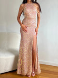 Off Shoulder Long Beading Gold Sequin Dress Sexy Slit Party Women Evening Dress