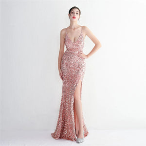 Pink Sequin Backless Sexy Slit Long Party Evening Dresses Luxury V Neck Velvet Stretch Sleeveless Cocktail Prom Dress