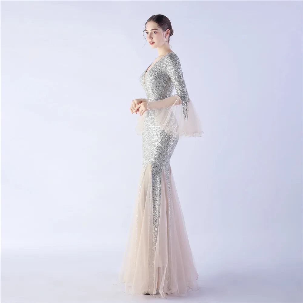Elegant Long Sleeve Sequin Evening Dress Silver Mesh Party Maxi Dress