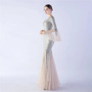 Elegant Long Sleeve Sequin Evening Dress Silver Mesh Party Maxi Dress