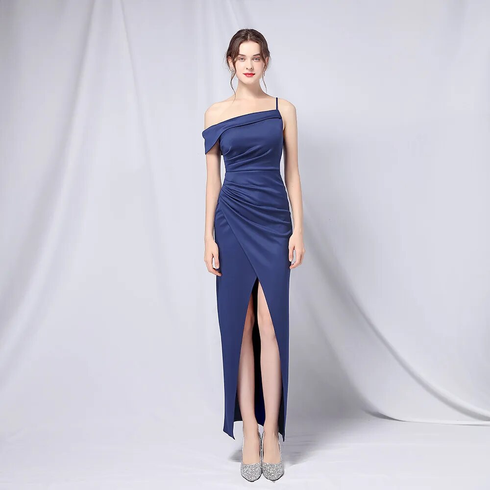 Women Soft Satin Slash Neck Evening Dress Sexy Green Slit Party Maxi Dress Prom Dress