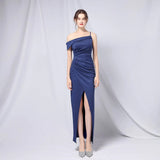 Women Soft Satin Slash Neck Evening Dress Sexy Green Slit Party Maxi Dress Prom Dress