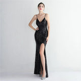 Women Sexy Slit Party Maxi Dress Strap V Neck Evening Dress Purple Sequin Long Prom Dress