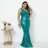 Plus Size Sexy V Neck Stretch Dress Green Sequin Evening Dress Elegant Sleeveless Party Maxi Dress Long Prom Dress