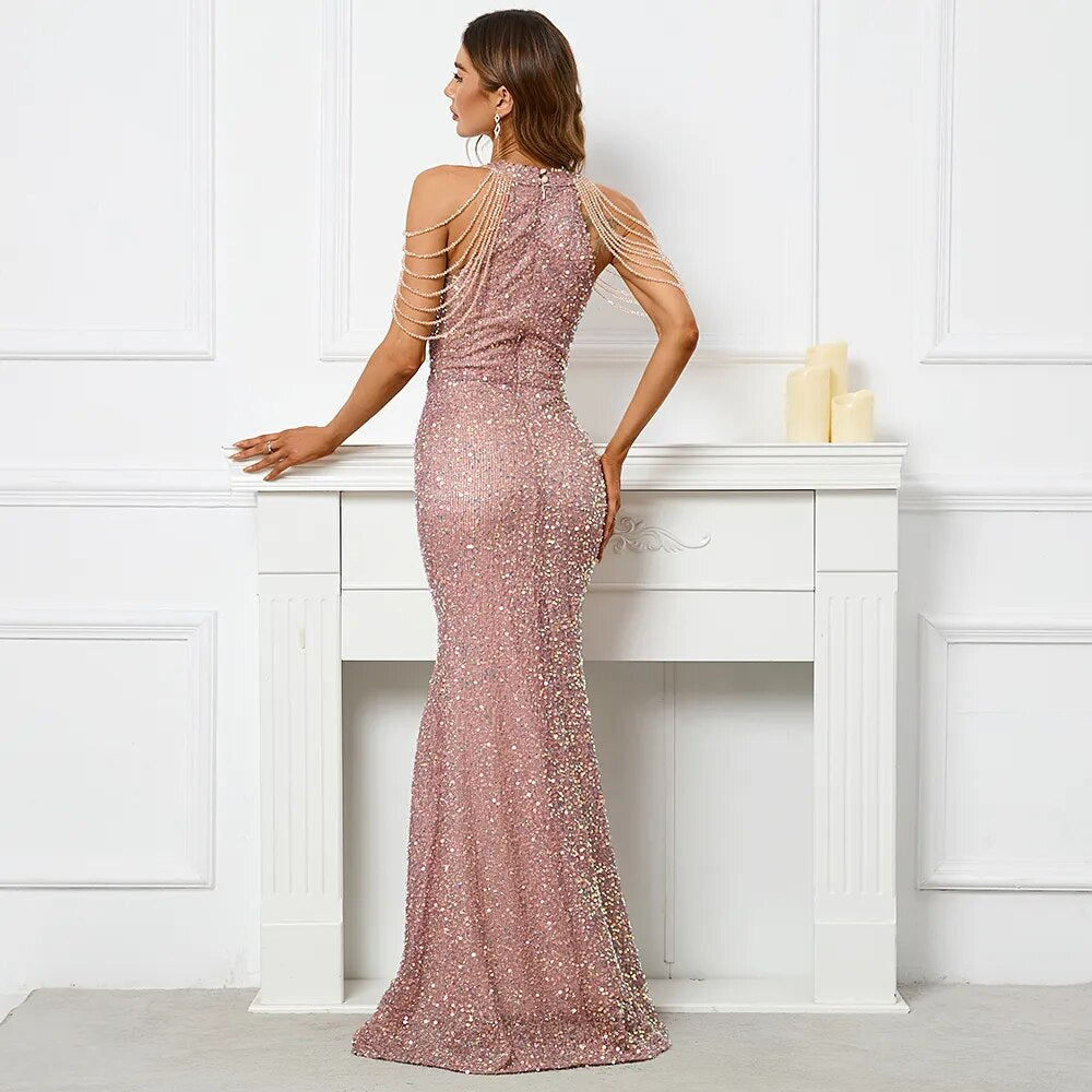 Off Shoulder Long Beading Gold Sequin Dress Sexy Slit Party Women Evening Dress