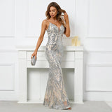 Women Silver Strap Sequin Party Maxi Dress Sexy V Neck Evening Long Prom Dress