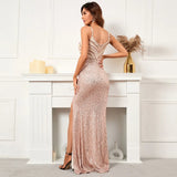 Strap V Neck Gold Sequin Sexy Slit Evening Dress Women's Party Maxi Long Prom Dress