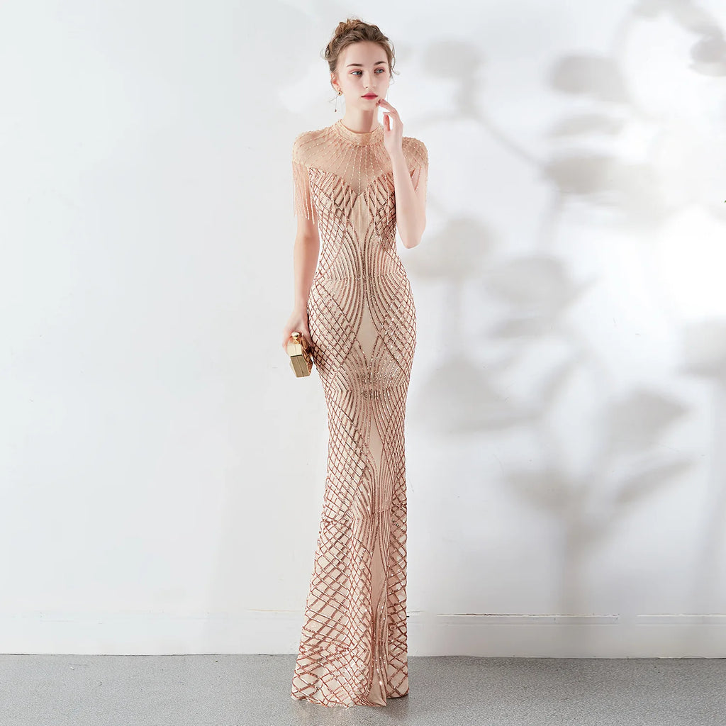 Burgundy Sequin Evening Dress Elegant Beading Long Party Dress