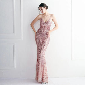 Women Pink Sequin Strap Party Maxi Dress Sexy V Neck Evening Dress Long Prom Dress