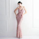 Women Pink Sequin Strap Party Maxi Dress Sexy V Neck Evening Dress Long Prom Dress