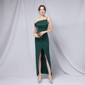 Women Soft Satin Slash Neck Evening Dress Sexy Green Slit Party Maxi Dress Prom Dress