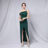 Women Soft Satin Slash Neck Evening Dress Sexy Green Slit Party Maxi Dress Prom Dress
