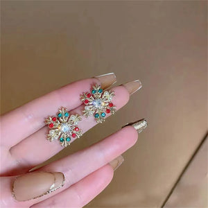 Korean Colorful Pearl Zircon Snowflake Earrings Delicate Shiny Bow Xmas Stud Earring For Women Christmas Jewelry New Year Gifts
