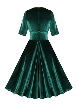 Ruched V-Neck Green Velvet Elegant Party Dresses for Women Winter Half Sleeve High Waist Vintage Christmas Swing Dress