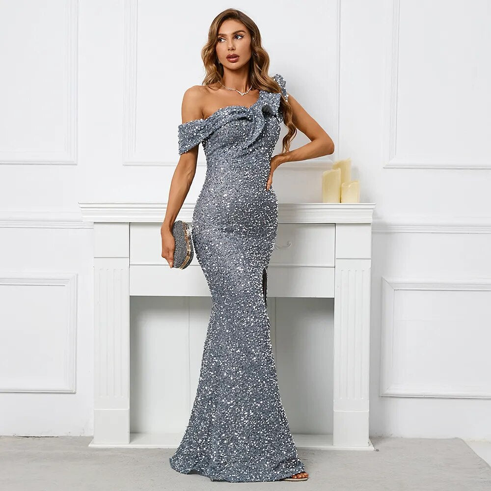 Women Slash Neck Sequin Evening Dress Gray Ruffles Celebrity Maxi Dress Sexy Slit Long Party Dress