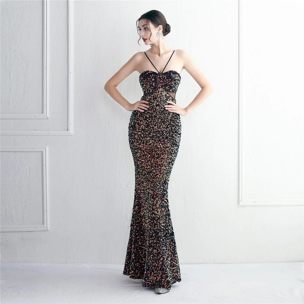 Blue Sequin Backless Sexy Bar Long Party Evening Dresses Luxury Velvet Stretch Off Shoulder Cocktail Prom Dress