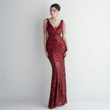 Women Beading Long Prom Dress Deep V Neck Gold Sequin Evening Dress Sexy Party Maxi Dress