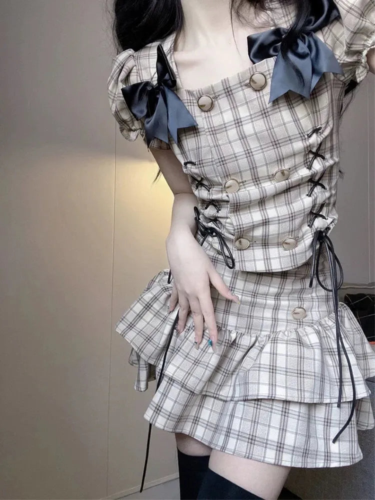 Hot Girl Plaid Suit Set Suspender Crop Top Summer Pleated Mini Skirt Fried Street Skirt Y2k Two Piece Set