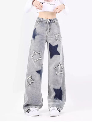 American Retro Y2K Jeans Women Star Raw Edge Splicing Loose Wide Leg Denim Pants Female Blue Embroidery Trousers