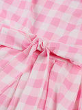 Knot Strap Pink and White Plaid Women Dress Summer Elegant Evening Pinup Vintage Party Pleated Dresses