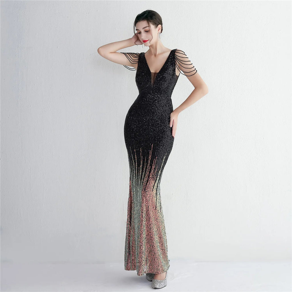 Women Beading Long Prom Dress Deep V Neck Green Sequin Evening Dress Sexy Party Maxi Dress