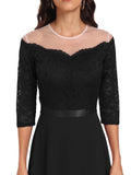 See Through Mesh Elegant Lace and Chiffon Vintage Dress 3/4 Length Sleeve Evening Formal Occasion Women Midi Dresses