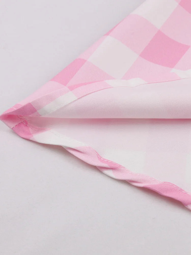 Sweetheart Neckline Halter Retro Evening Women Vintage Dress Button Front Pink Plaid Patchwork Backless Dress