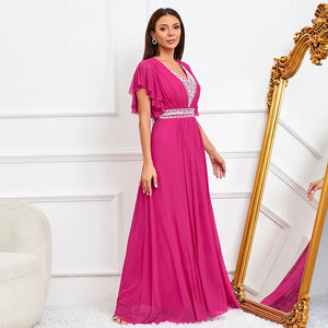 Women Tulle Long Prom Dress V Neck Beading Evening Elegant Party Maxi Dress
