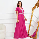Women Tulle Long Prom Dress V Neck Beading Evening Elegant Party Maxi Dress