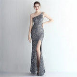 Sexy Slit Black Sequin Evening Dress Women Slash Neck Party Maxi Long Prom Dress