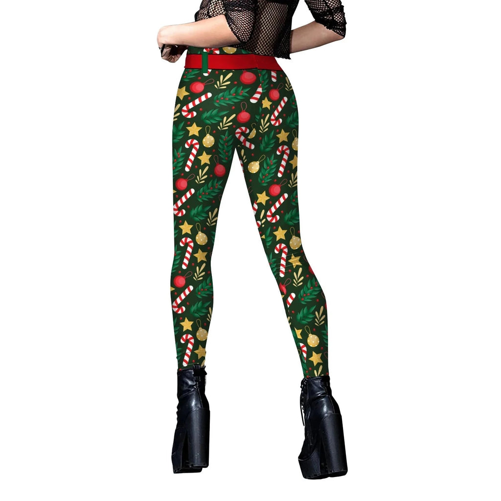 Women Christmas Belt Leggings Autumn Winter Festival Santa Claus Print Skinny Pants High Waist Trousers