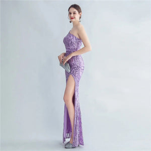 Elegant Slash Neck Sequin Evening Dress Women Beading Long Party Maxi Dress