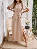 2024 Summer Solid High Split Casual Midi Long Party Dress with Belt Elegant Holiday Beach Birthday Dress for Women