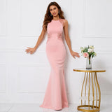 Pink Soft Satin See Through Appliques Beading Long Evening Elegant Party Maxi Dress Long Bridesmaid Dress
