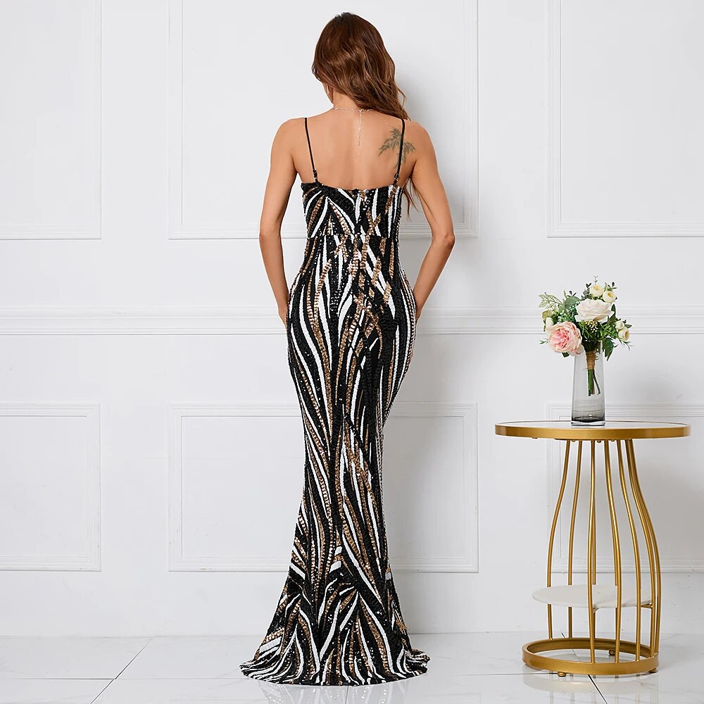 Women Black Strap Party Maxi Dress Sexy V Neck Evening Dress Sequin Long Prom Dress