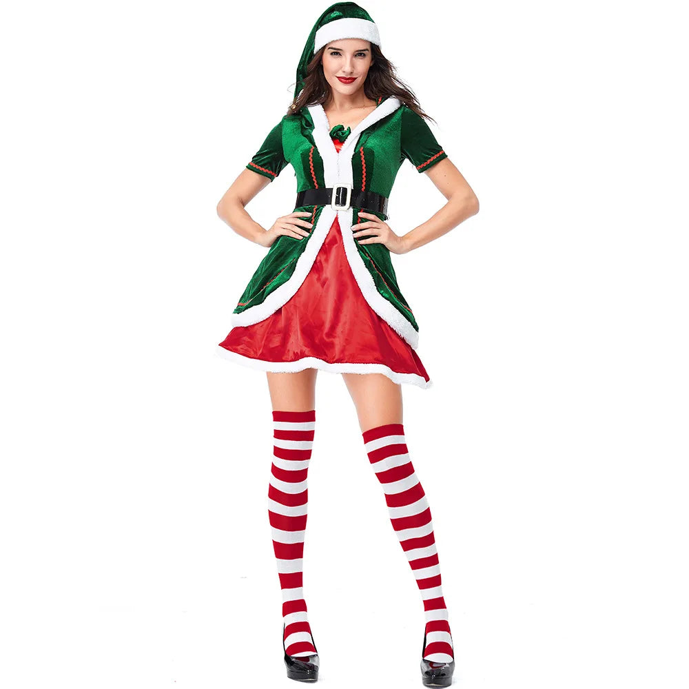 Adult Christmas Elf Costume Women Dress Elf Cosplay Family Carnival Party New Year Fancy Clothes Set