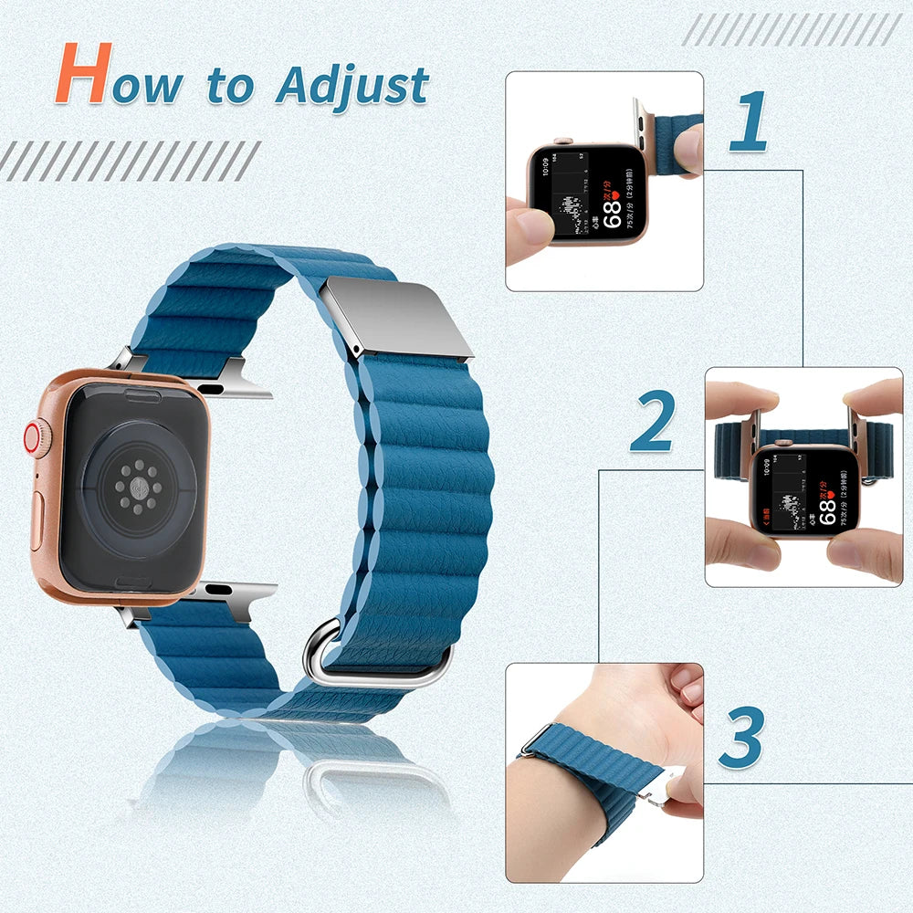 Magnetic Leather Band For Apple Watch 44mm 45mm 49mm 40mm 41mm 42mm 38mm Metal Stainless Steel Strap For iwatch 8 7 SE 6 5 4 3 2
