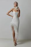Off Shoulder Feather Long Sexy Slit Party Evening Dress White Color Celebrity Dress